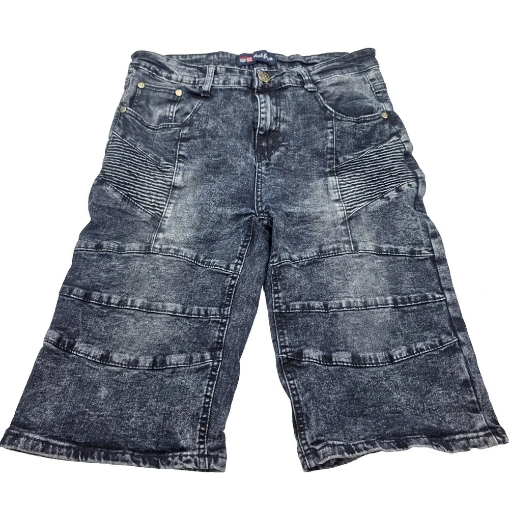 Phat Farm‎ Biker Denim Shorts Mens 30 Black Acid Wash Moto Stretch Streetwear